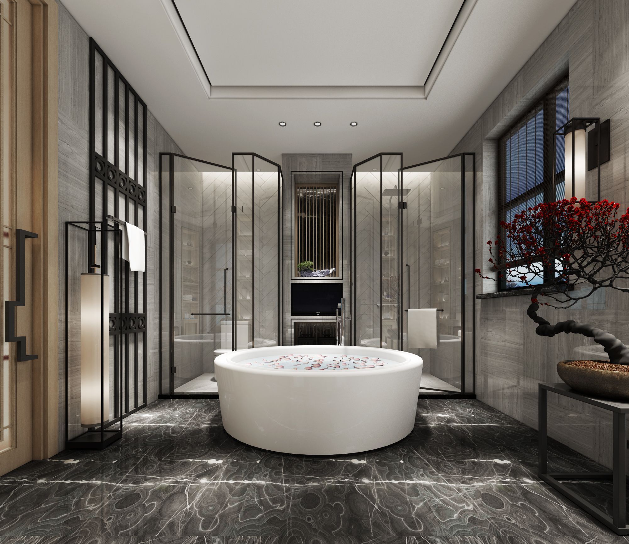 A luxurious hotel bathroom with a central freestanding circular bathtub, dark marble walls and floor, and black-framed glass shower enclosures.