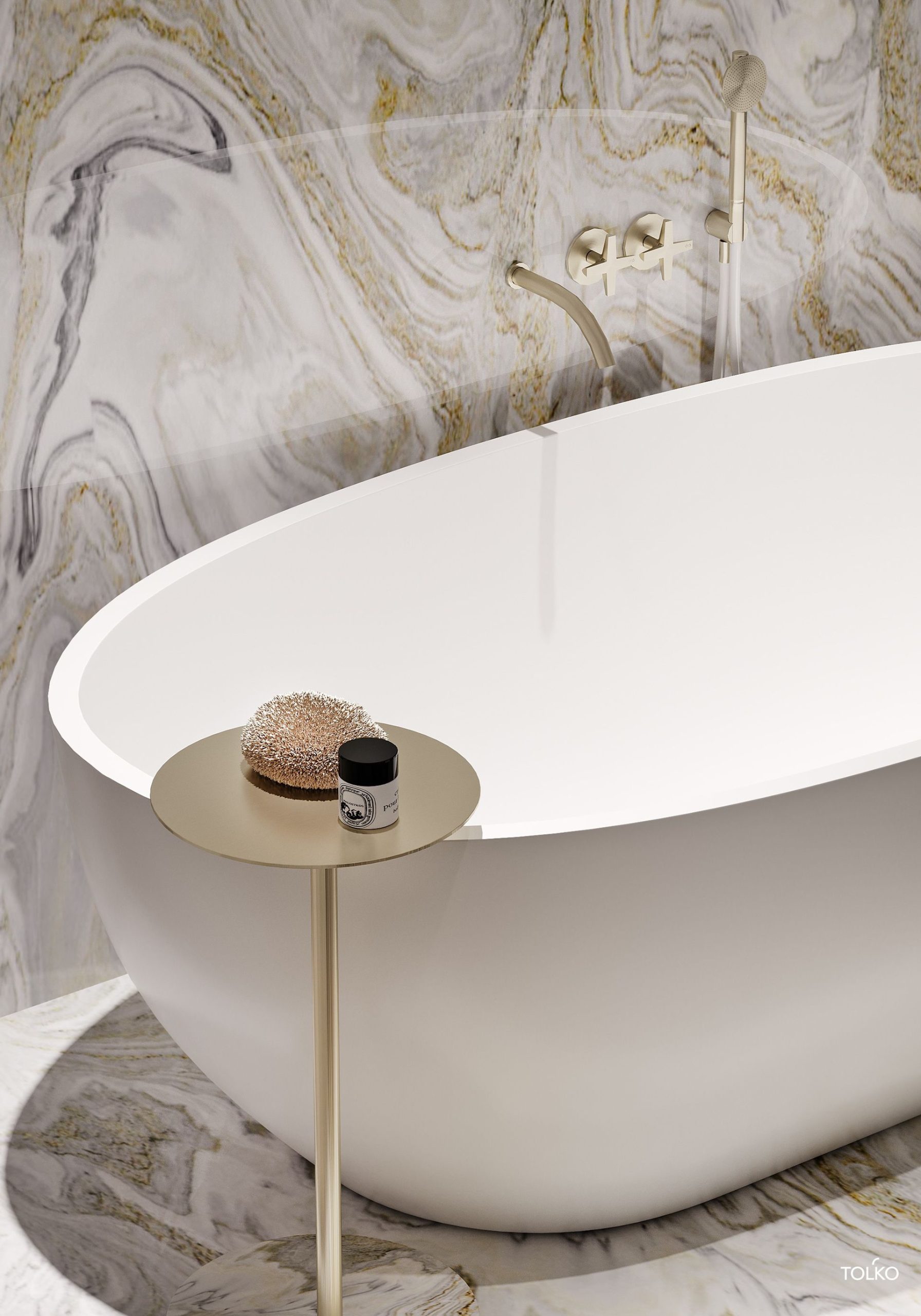 A luxury bathroom clad in gold-veined marble walls and floors, featuring a central white matte freestanding bathtub with wall-mounted brushed gold taps and a C-shaped metal side table.