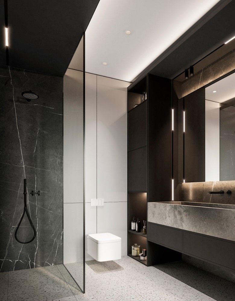 Modern bathroom featuring a large concrete-effect washbasin with dark floating vanity and integrated storage.