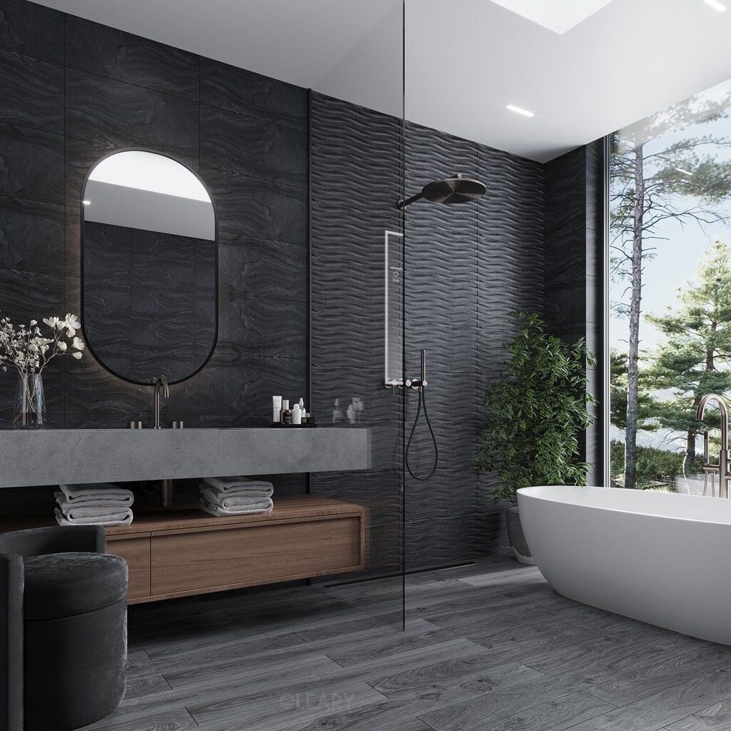 Modern floating bathroom vanity with grey concrete top, integrated sink, rose gold faucet, pill-shaped mirror, and natural wood drawers, in a minimalist bathroom.