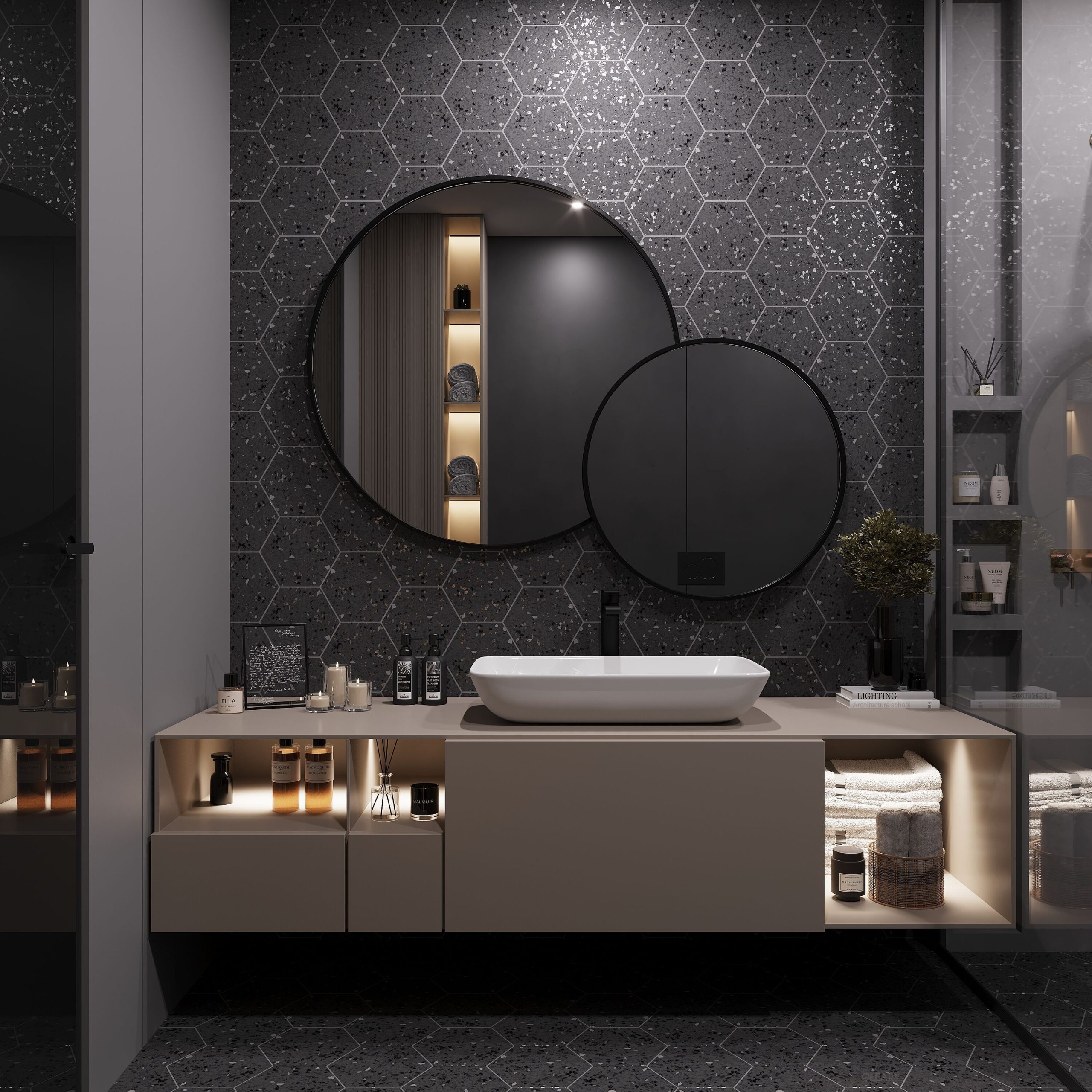 Modern floating bathroom vanity with light beige countertop, white vessel sink, black faucet, two round mirrors, illuminated open shelving, and a dark hexagon tile wall.