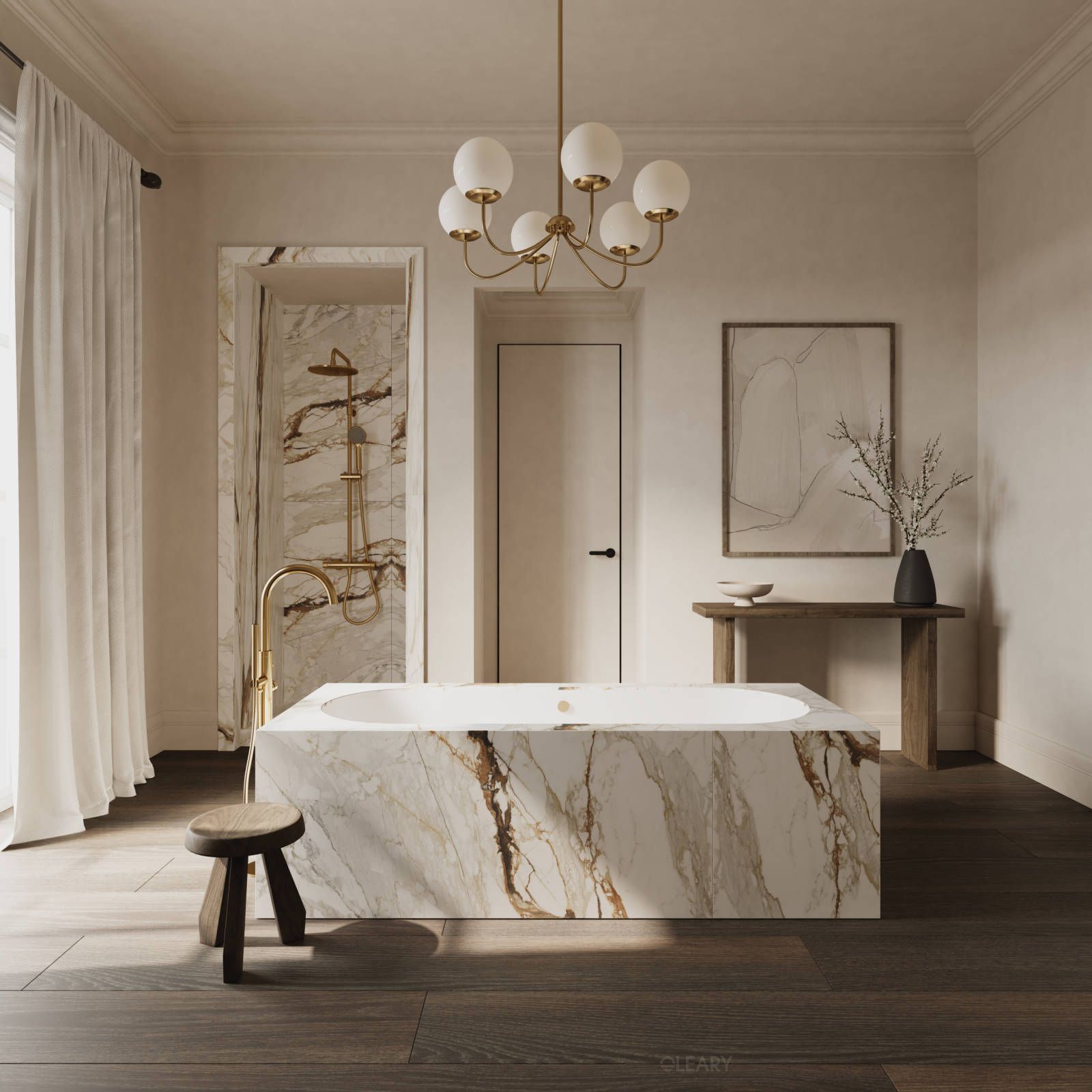 Luxurious modern bathroom with a large rectangular bathtub clad in dramatic veined marble, gold floor-mounted faucet, and a contemporary gold chandelier.