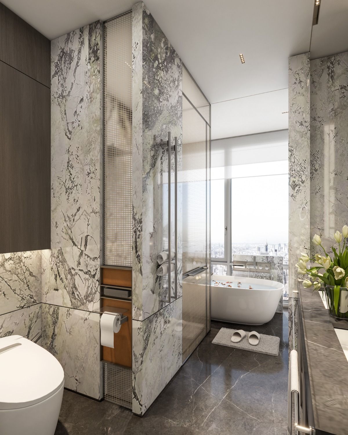 White oval freestanding bathtub overlooking a city skyline in a high-rise luxury bathroom with marble cladding.