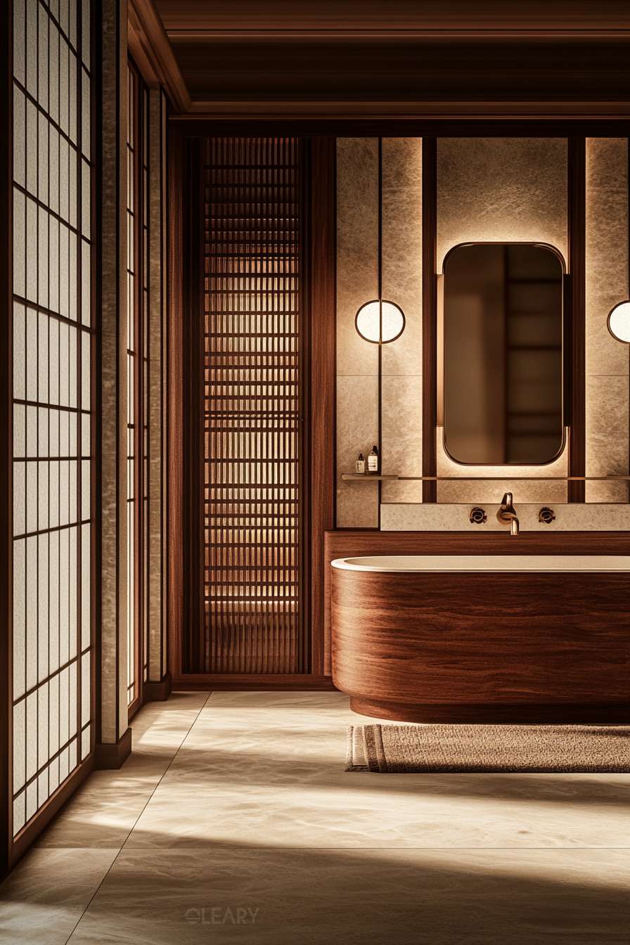 Tranquil Japanese-inspired bathroom with extensive warm wood paneling, shoji-style screens, a custom curved wood vanity, and soft integrated lighting.