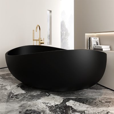 Modern black bathtub with gold faucet