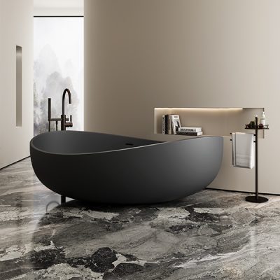 Modern black bathtub in minimalist bathroom